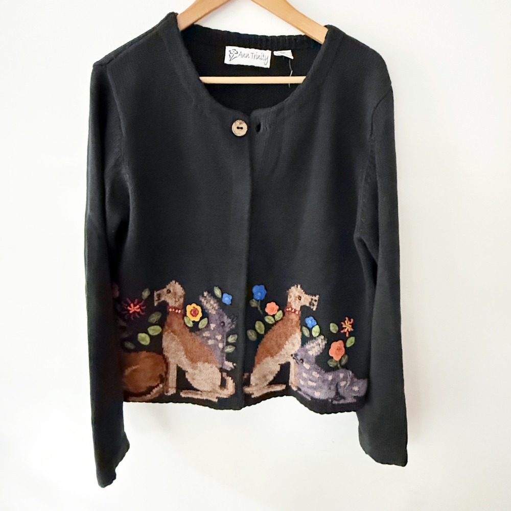 Vintage Cardigan Women Medium Black Dog Floral Embroidered Cottagecore Whimsical